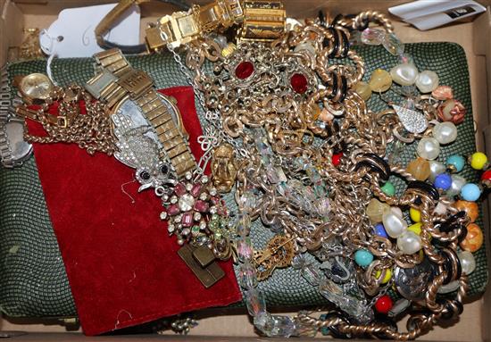 A 9ct gold chain, a ladys 9ct gold Rotary watch on a 9ct bracelet, a quantity of assorted costume jewellery and a cased pr of spoons.